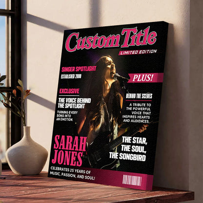 Personalized singer magazine cover poster canvas print on a living room wall featuring custom pop star layout style art image 6