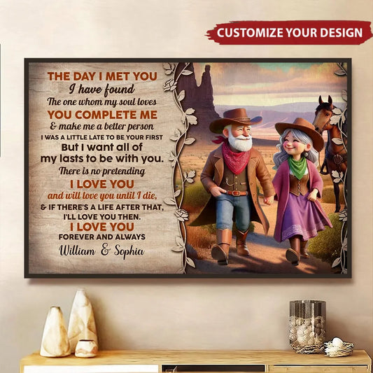 The Day I Met You Personalized Cowboy Couple Canvas / Poster - Custom Anniversary & Valentine Gift for Husband Wife