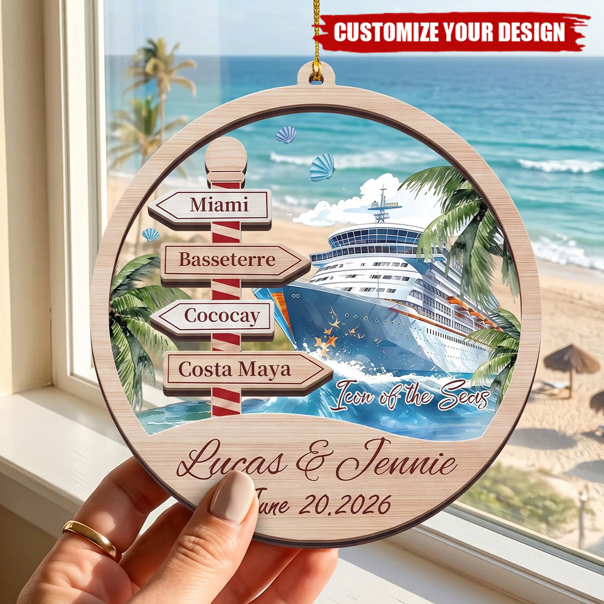 Personalized cruise ornament featuring custom ports of call and couple names for vacation keepsake