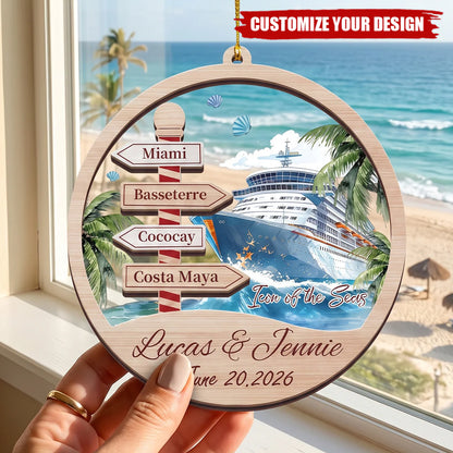 Personalized cruise ornament featuring custom ports of call and couple names for vacation keepsake