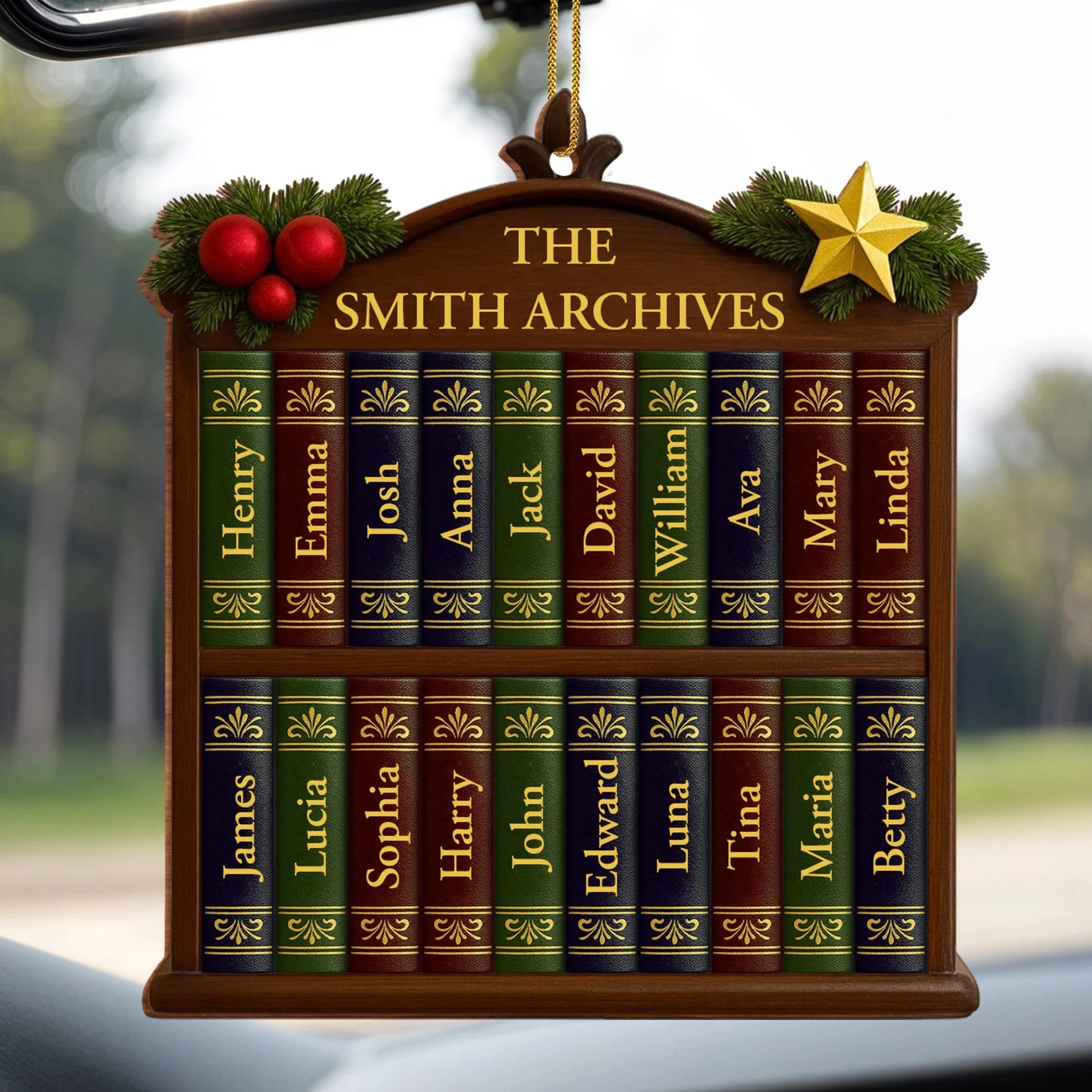 Custom Family Bookshelf Wooden Ornament - Personalized Christmas Decor Gift for Book Lovers