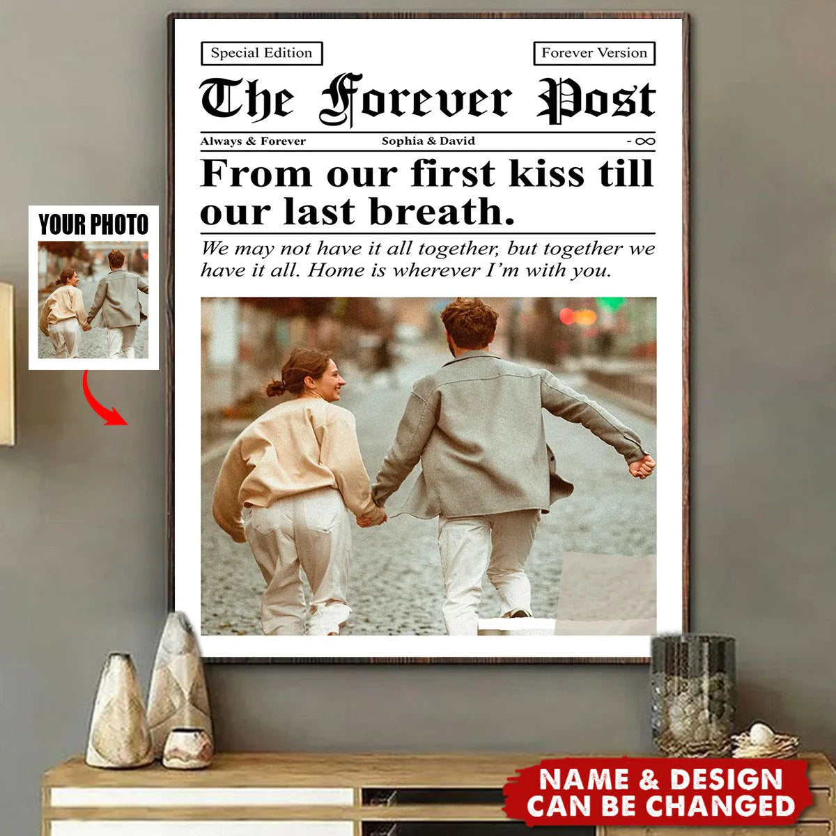 Custom newspaper anniversary poster featuring a couple photo print and headline text for romantic room decor