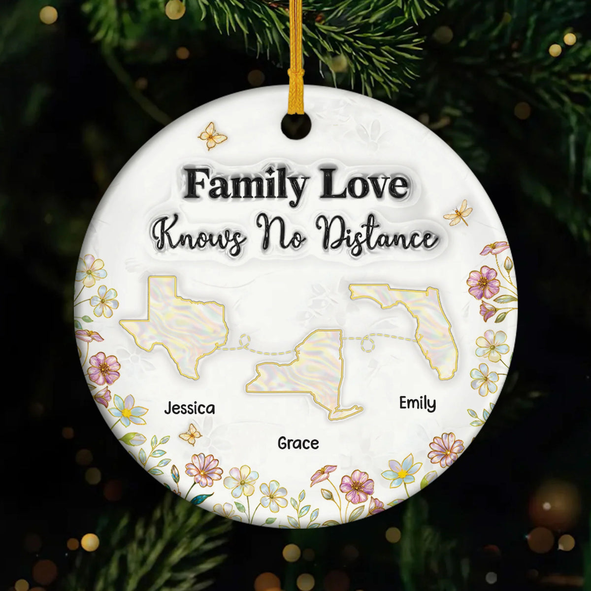 Family Love Knows No Distance Personalized Ceramic Ornament - Custom Christmas Keepsake Gift