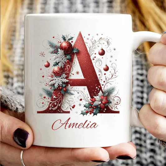 Glitter Christmas Initial Custom Name Coffee Mug - Personalized Holiday Gift for Family