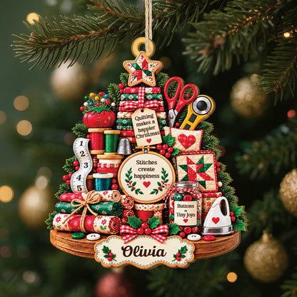 Stitches Create Happiness Personalized Sewing Christmas Ornament - Custom Wooden Quilter Keepsake Gift for Mom