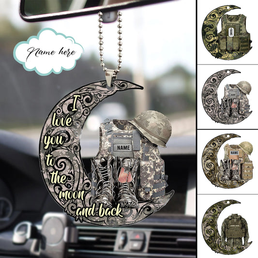Personalized veteran soldier acrylic ornament with I love you to the moon and back quote hanging in car