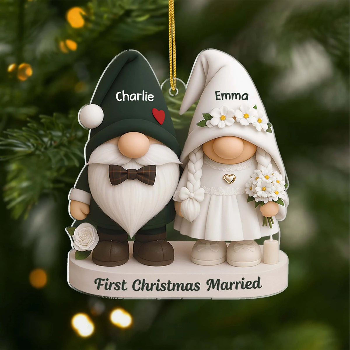 First Christmas Married Personalized Acrylic Gnome Ornament - Wedding Keepsake for Couples