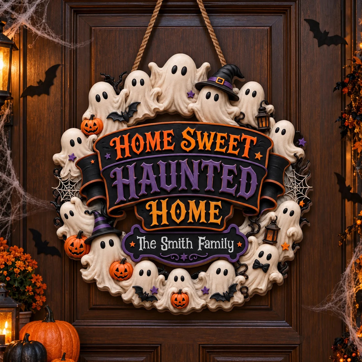 Home Sweet Haunted Home Personalized Wood Sign - Custom Halloween Family Gift