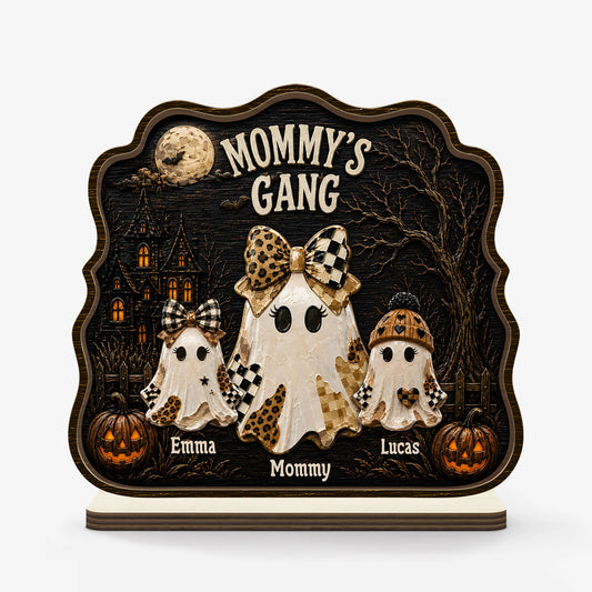 Personalized Halloween wooden plaque with custom ghost family for Mom and Grandma