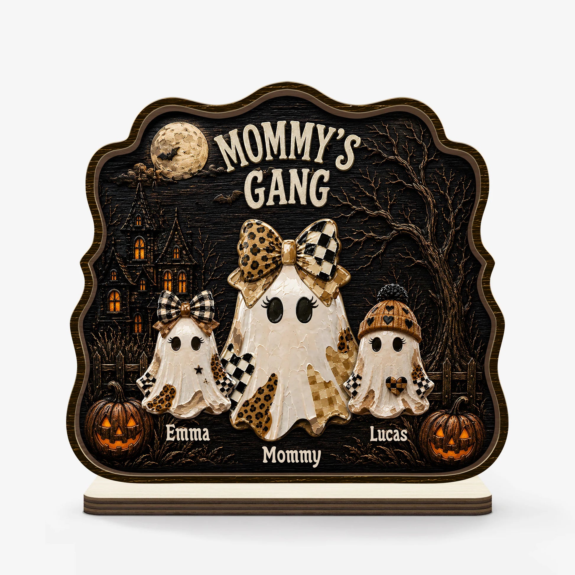 Personalized Halloween wooden plaque with custom ghost family for Mom and Grandma