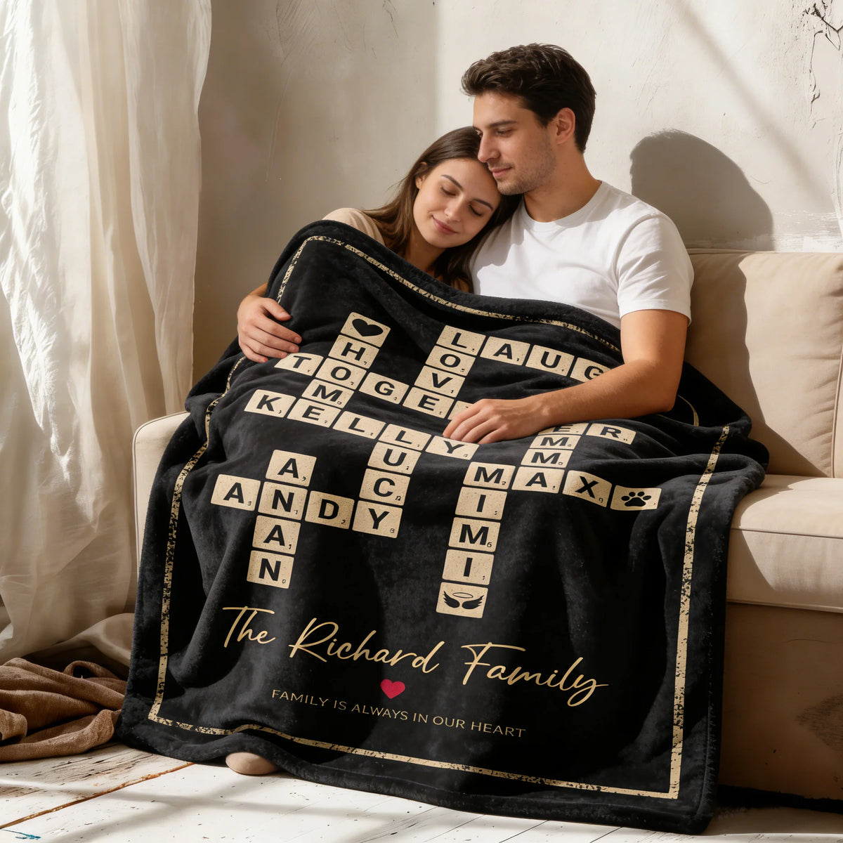 Custom Crossword Family Names Blanket - Personalized Scrabble Tile Throw for Mom