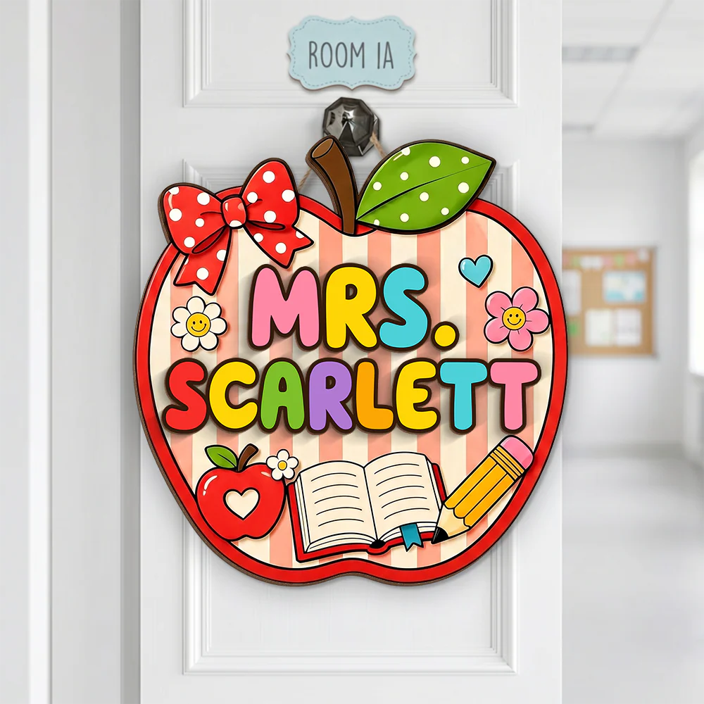 Personalized teacher welcome door sign featuring a colorful apple shape with custom name for classroom decor image 7