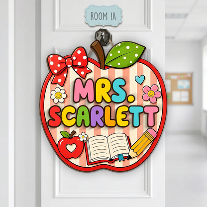 Personalized teacher welcome door sign featuring a colorful apple shape with custom name for classroom decor image 7
