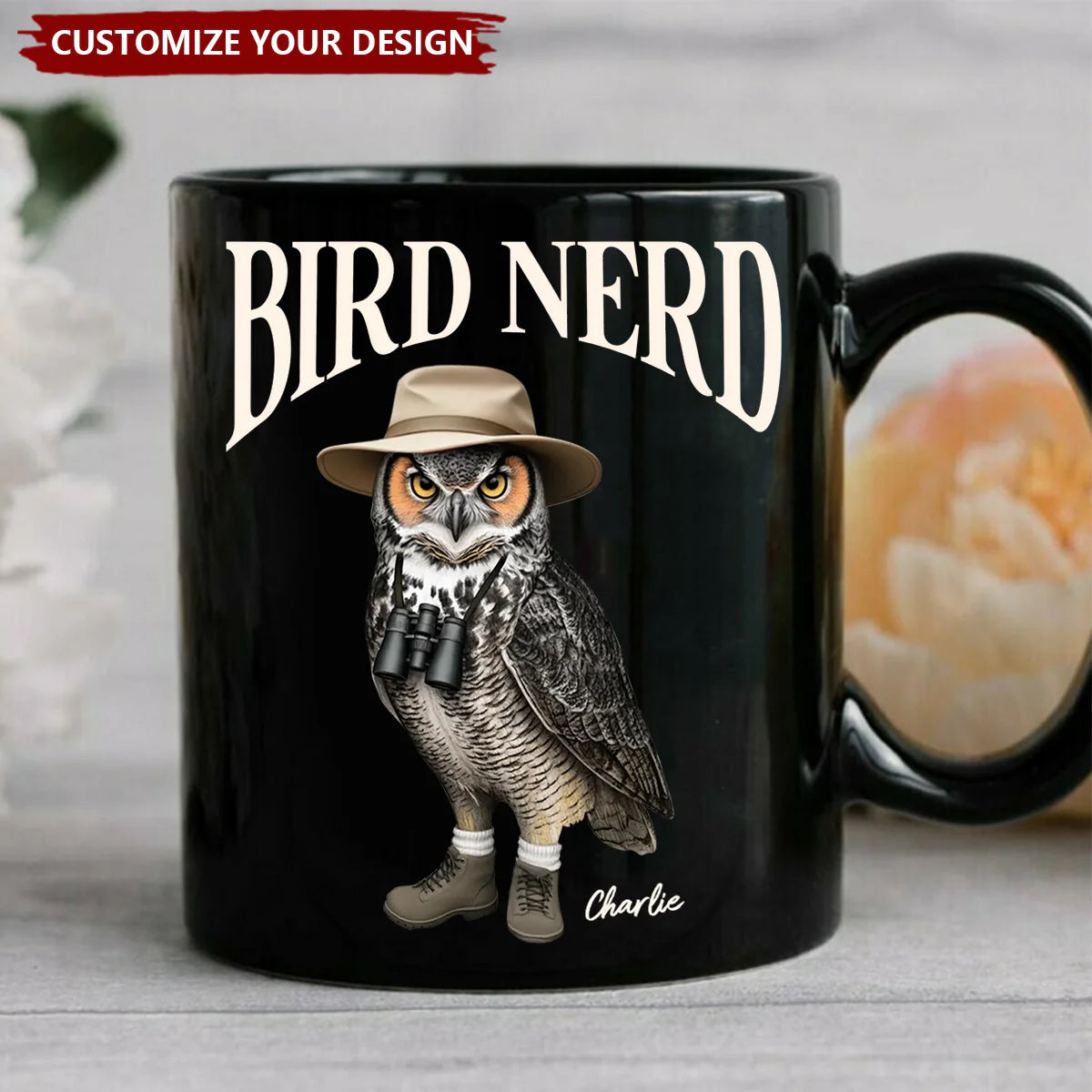 Personalized bird watching mug featuring a funny owl in hiking boots with binoculars for bird lovers