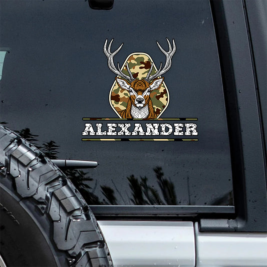 Personalized deer hunting car decal sticker with custom name print and vintage camo design for truck windows