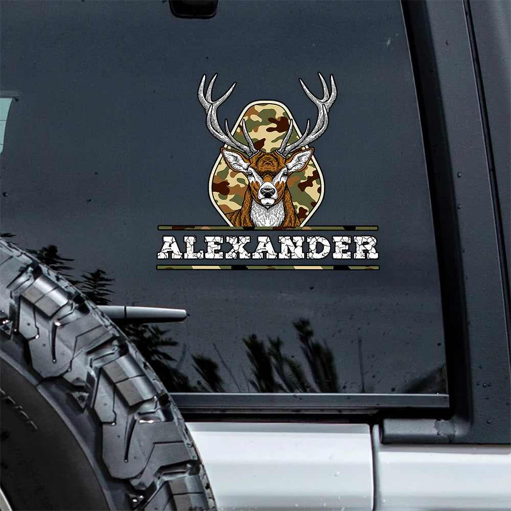 Personalized deer hunting car decal sticker with custom name print and vintage camo design for truck windows