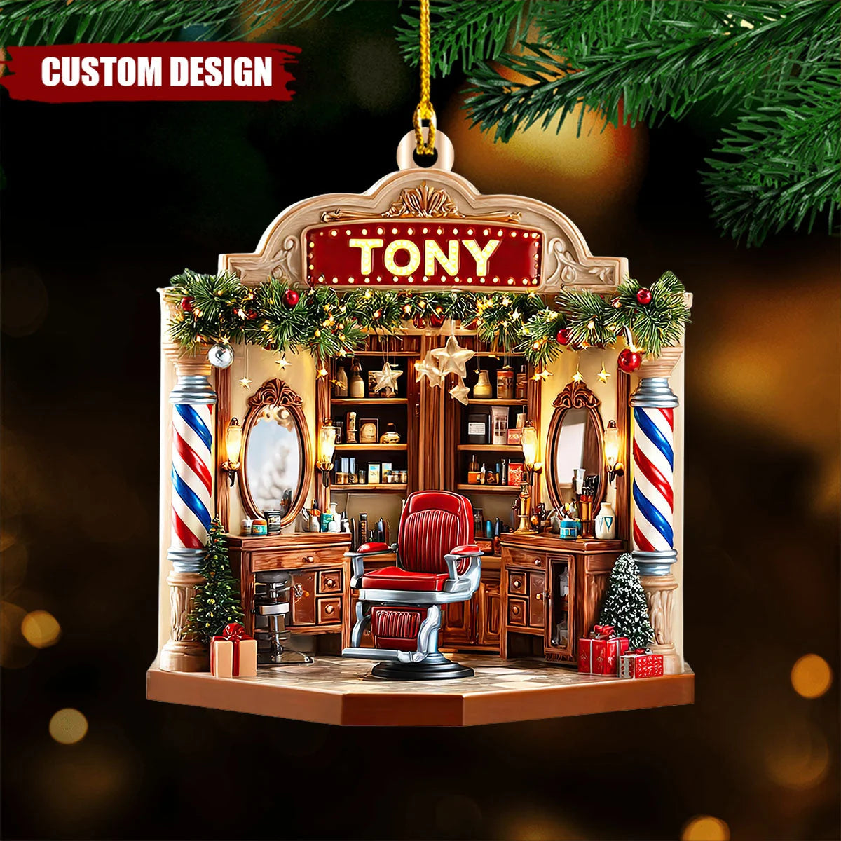 Personalized Barber Shop Christmas Ornament - Custom Name Wooden Gift for Barbers