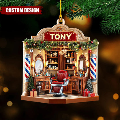 Personalized Barber Shop Christmas Ornament - Custom Name Wooden Gift for Barbers