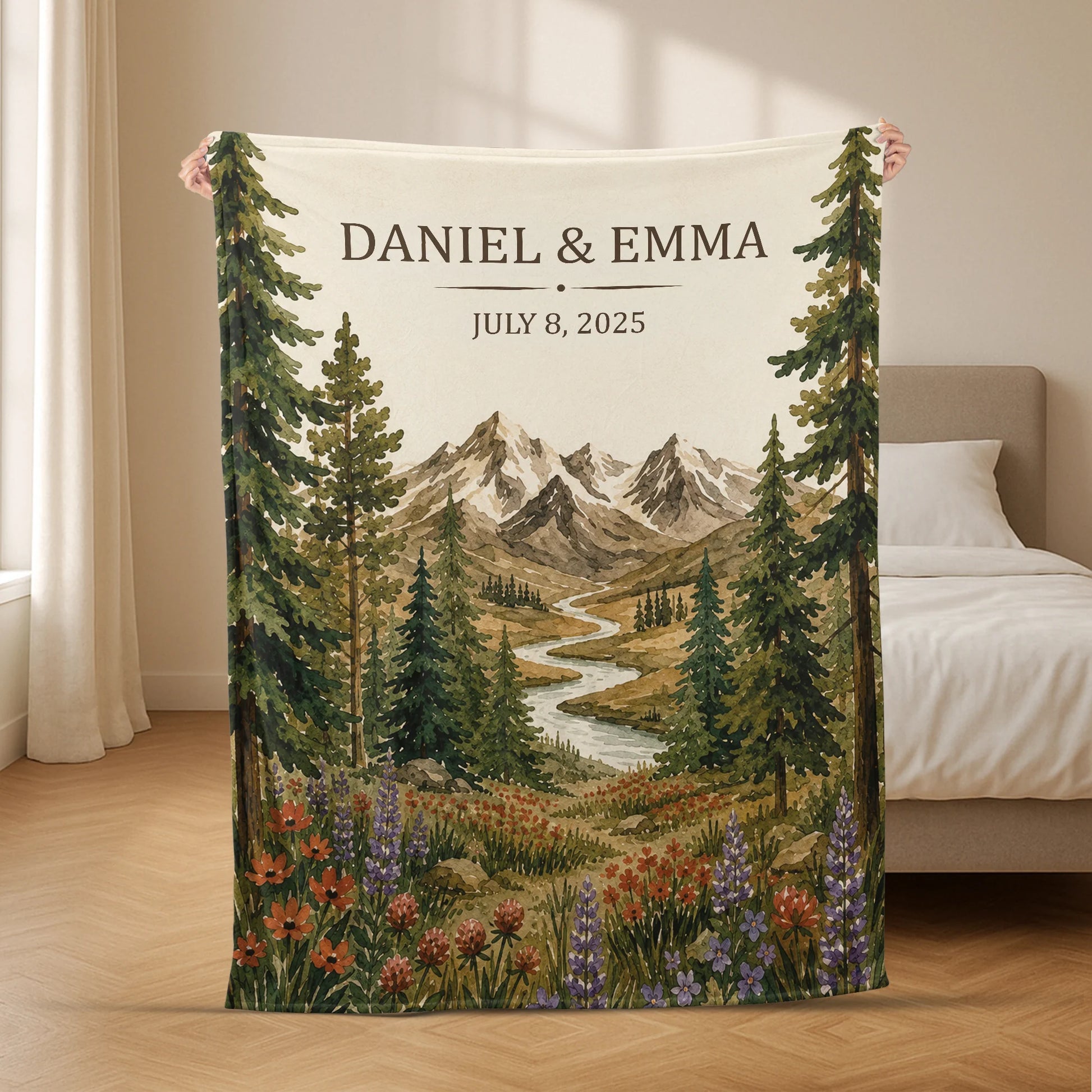 Mountain Landscape Personalized Couple Blanket - Custom Names & Date Anniversary Gift