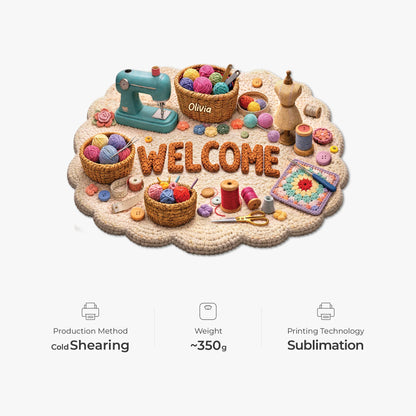 Welcome Sewing & Quilting Personalized Shaped Doormat - Custom Craft Gift for Mom Grandma