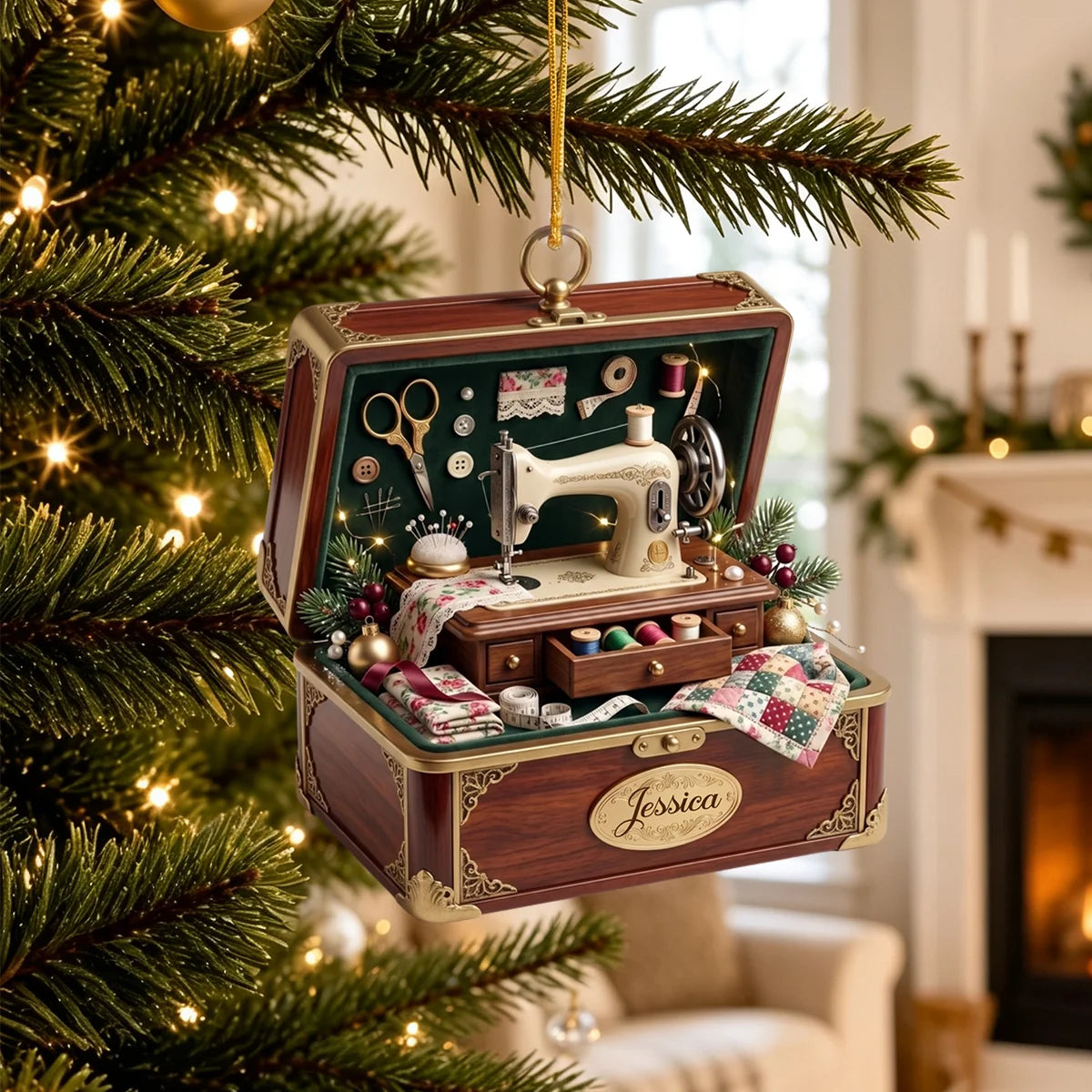 Personalized Vintage Sewing Studio Box Ornament - Custom Acrylic Keepsake Gift for Quilters