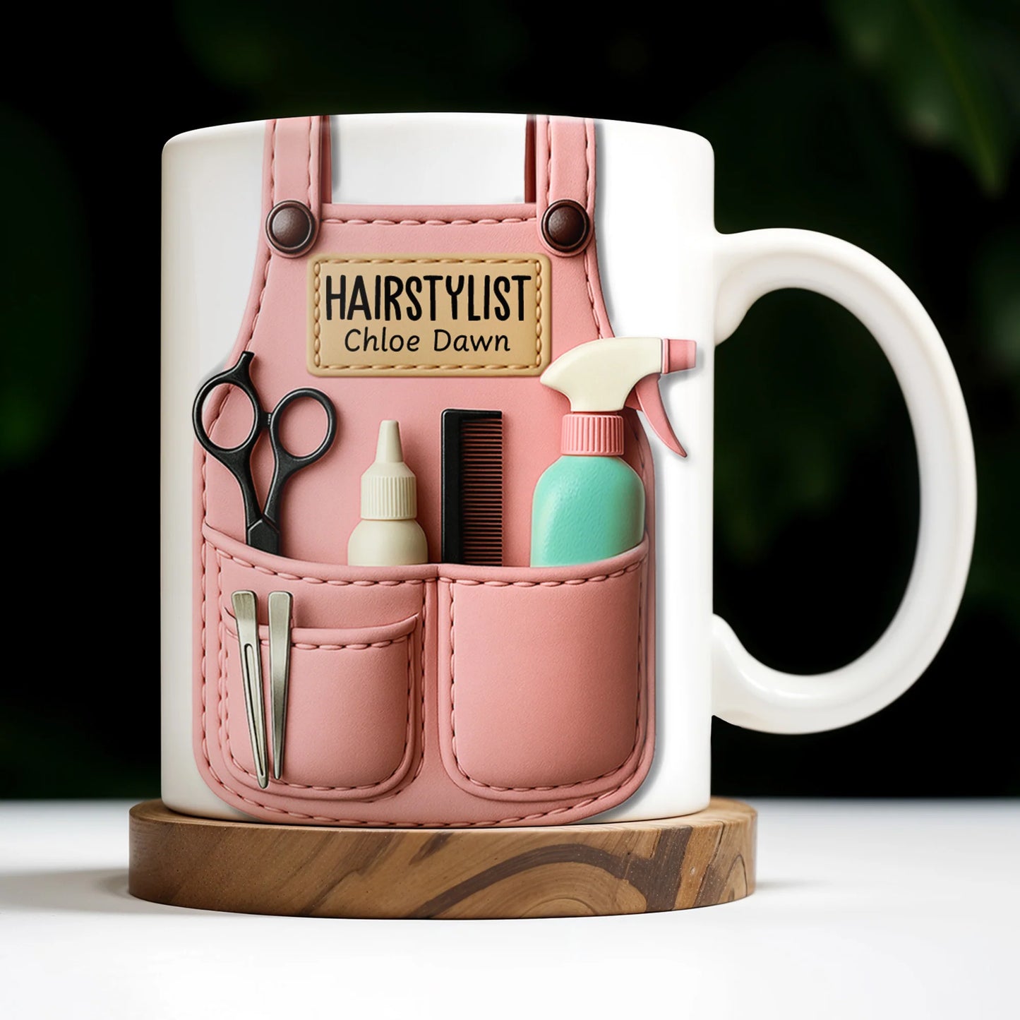Personalized hairstylist mug with custom pink apron print containing scissors and comb - perfect gift for beauticians image 9