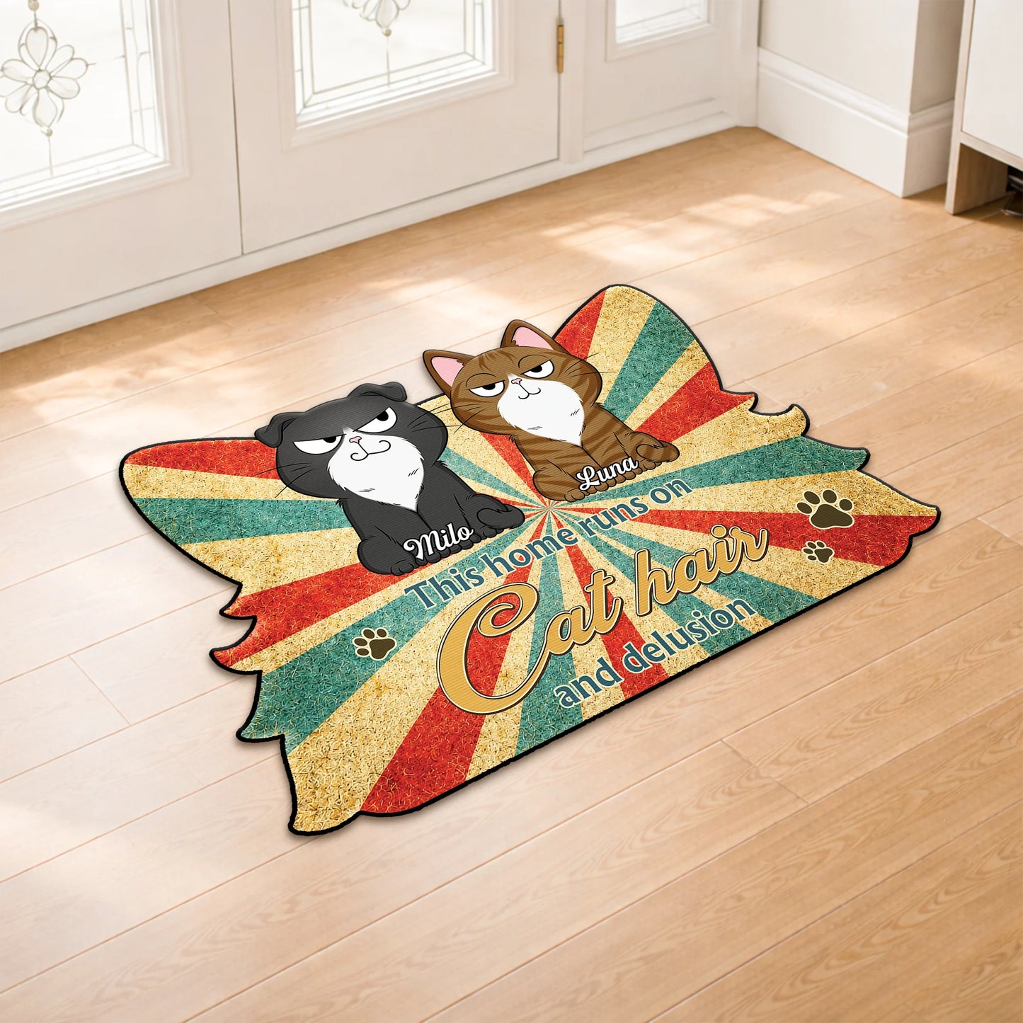 "This Home Runs On Cat Hair And Delusion" Personalized Cat Doormat - Custom Shaped Mat for Pet Lovers