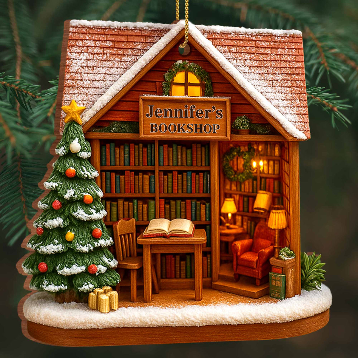 Charming Bookshop Personalized Wooden Ornament - Custom Book Lover Christmas Keepsake Gift