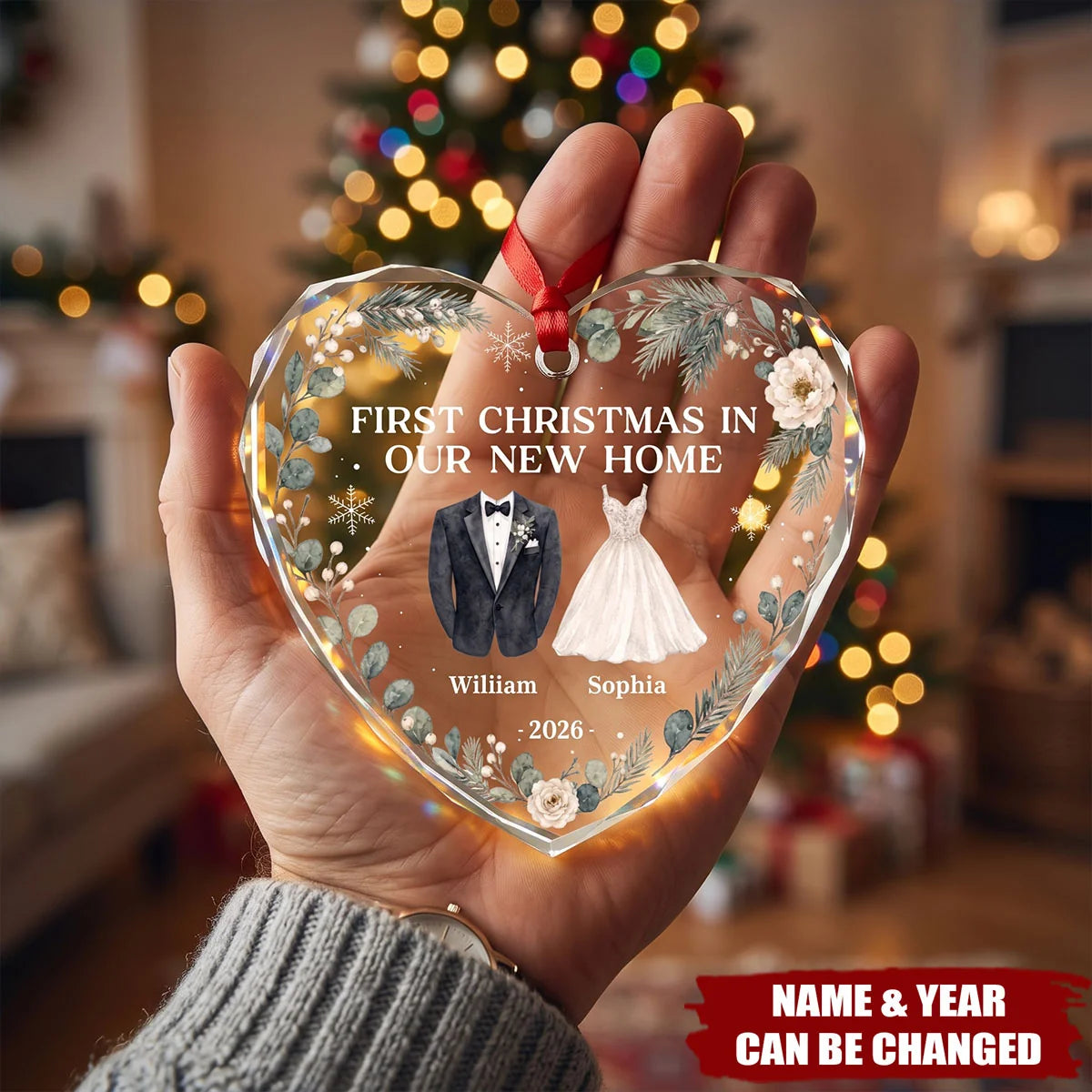 First Christmas Married Glass Ornament - Personalized Couple Keepsake Gift