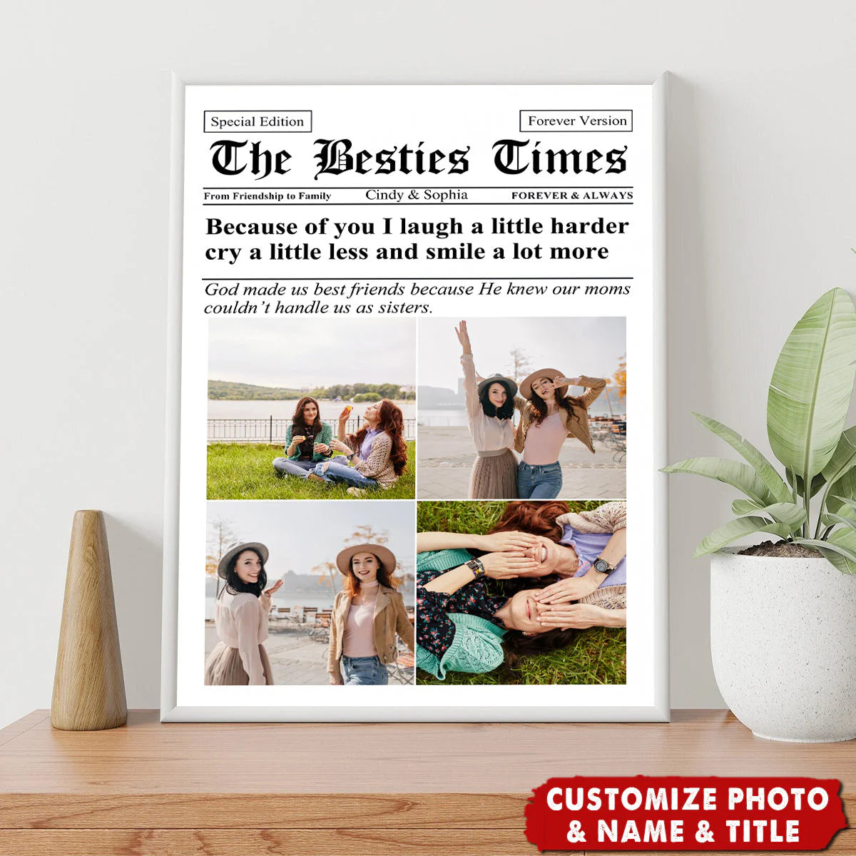 Personalized best friend photo canvas with custom newspaper design and uploaded picture for friendship gift image 6