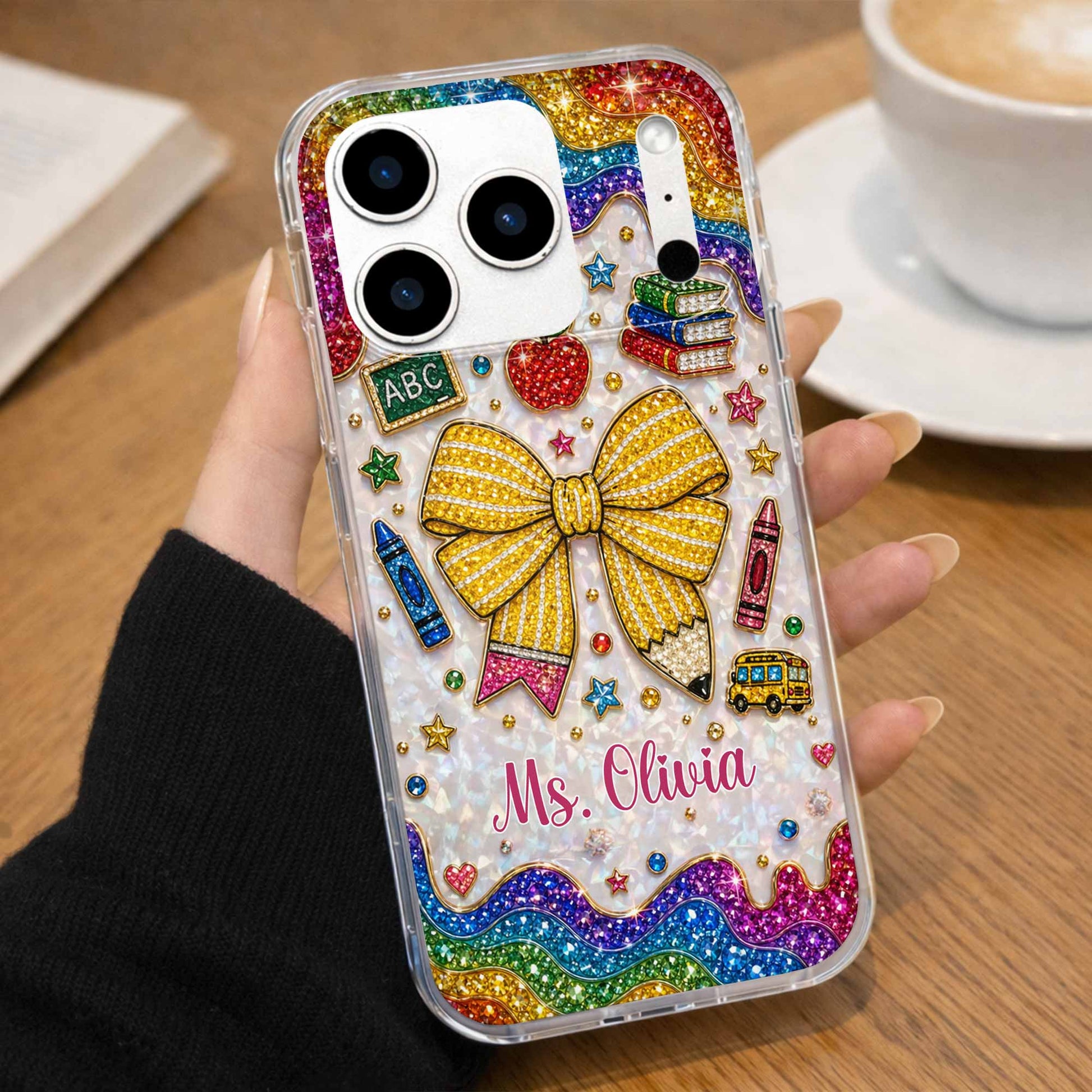 Personalized teacher clear phone case with custom name, glittery pencil bow, and apple print design image 10