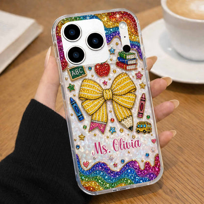 Personalized teacher clear phone case with custom name, glittery pencil bow, and apple print design image 10