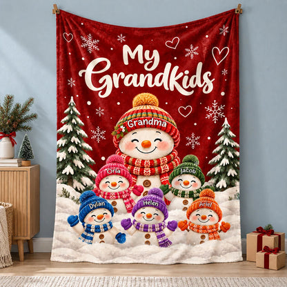 My Grandkids Personalized Snowman Blanket with Names - Custom Grandma Christmas Gift Throw