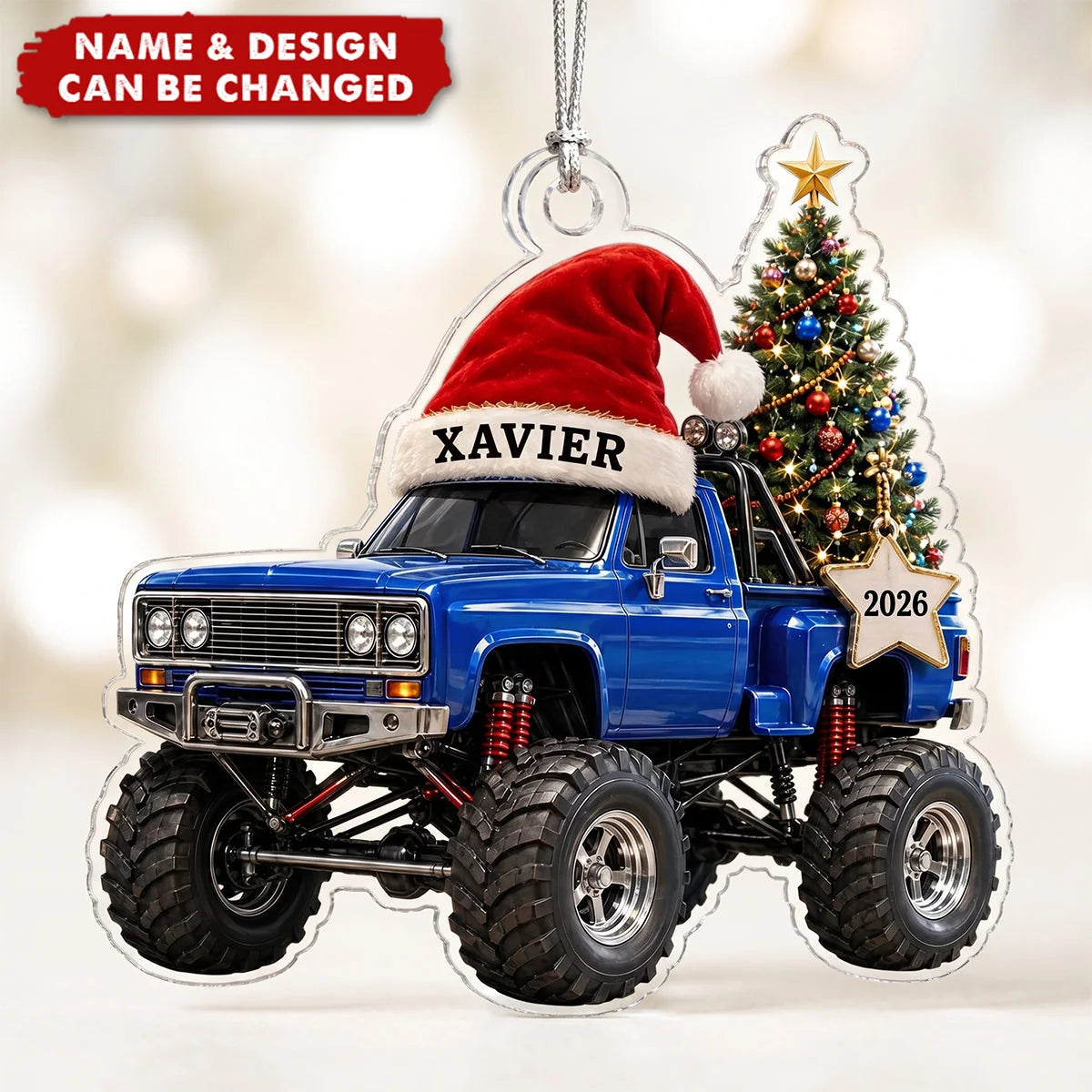 Personalized Monster Truck Christmas Acrylic Ornament - Custom Santa Truck Gift for Kids