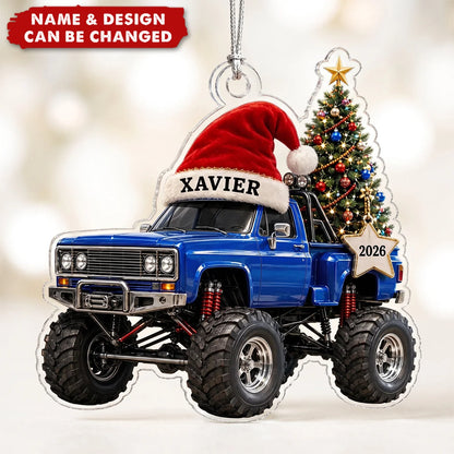 Personalized Monster Truck Christmas Acrylic Ornament - Custom Santa Truck Gift for Kids