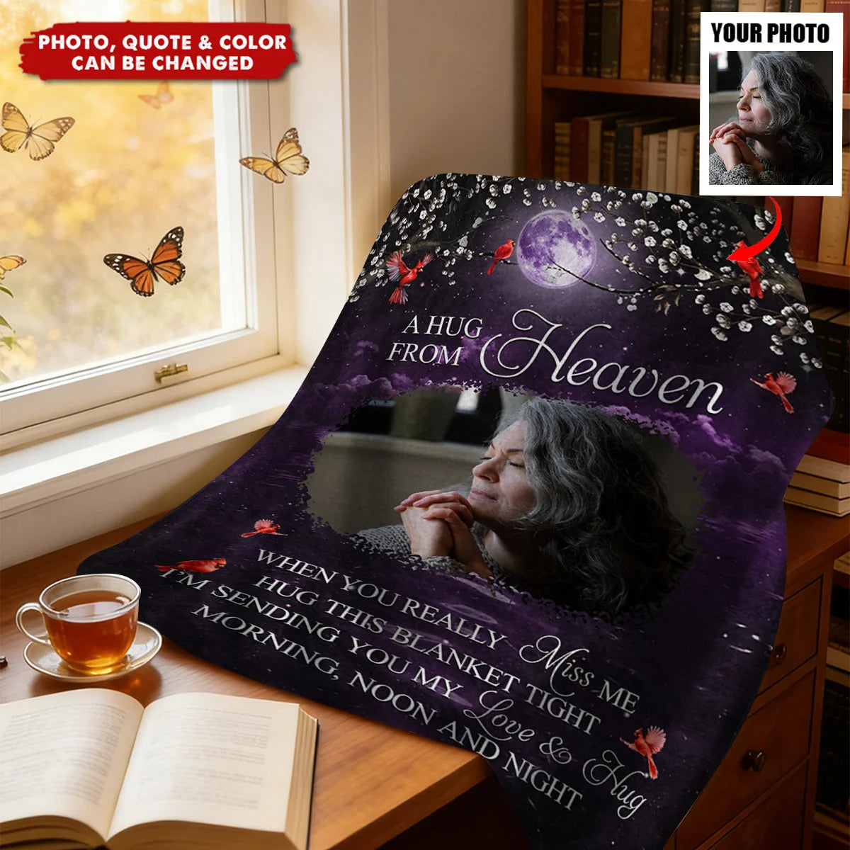A Hug From Heaven Personalized Memorial Blanket with Photo - Sympathy Keepsake Gift for Family