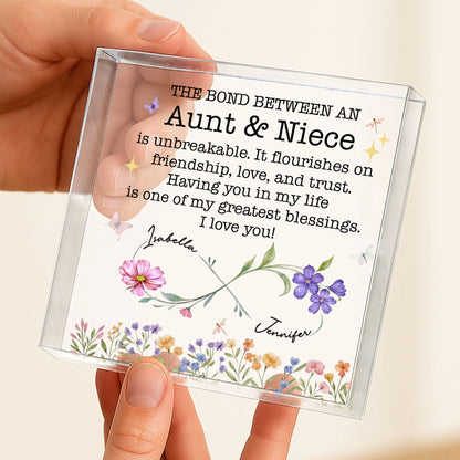 Personalized aunt and niece acrylic plaque with custom names and beautiful birth month flowers