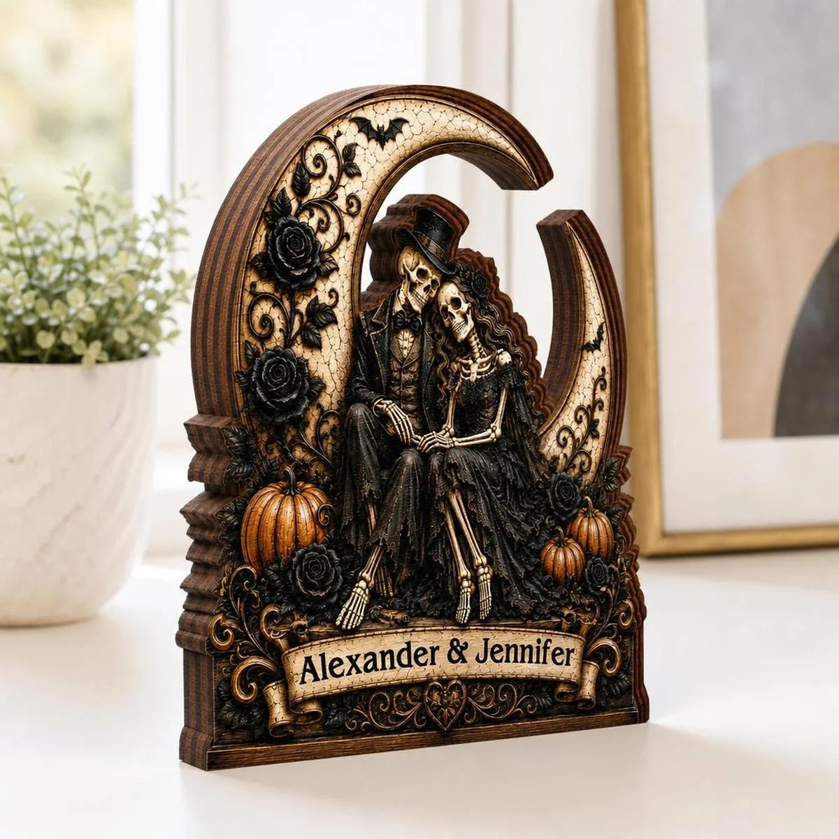 Eternal Skeleton Couple On Moon Personalized Wooden Block - Custom Gothic Halloween Wedding Gift for Couples