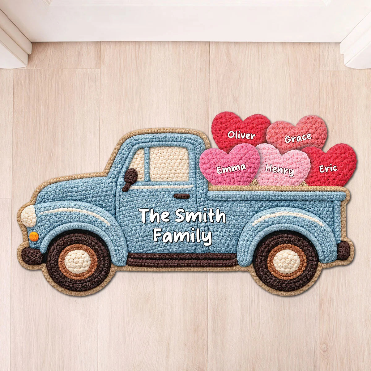Personalized Vintage Truck Shaped Doormat with Family Names - Custom Entryway Welcome Mat