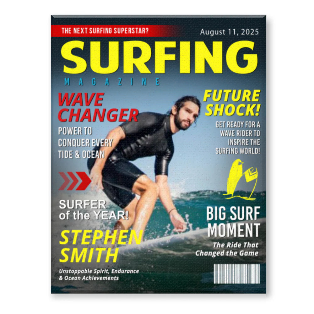Personalized surfing magazine cover canvas print featuring a custom photo of a male surfer catching a wave.