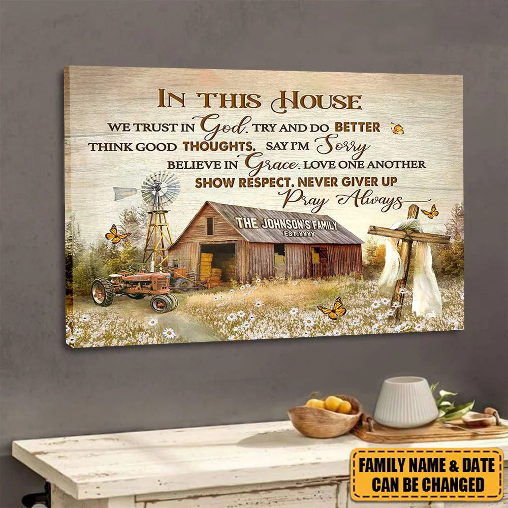 In This House We Trust In God Personalized Canvas / Poster - Custom Family Housewarming Wall Art Gift