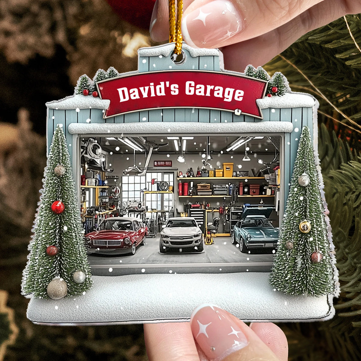 Custom Name Car Garage Acrylic Christmas Tree Ornament – Keepsake Gift for Auto Mechanic