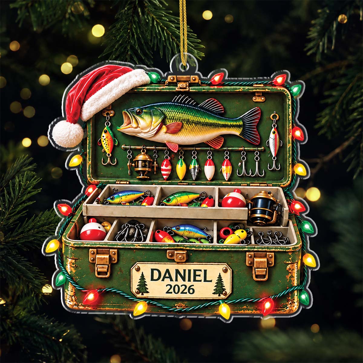 Tackle Box Bass Fishing Personalized Acrylic Ornament - Custom Christmas Gift for Dad