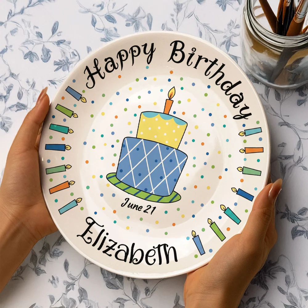 Happy Birthday Cake & Candles Personalized Birthday Ceramic Plate - Custom Name Keepsake Display Gift