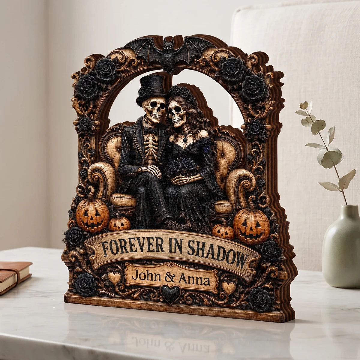 "Forever In Shadow" Personalized Skeleton Couple Wooden Block - Custom Gothic Halloween & Wedding Keepsake Gift for Couples