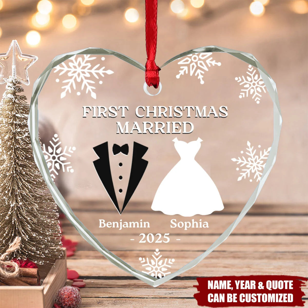 First Christmas Married Heart Glass Ornament - Custom Newlywed Couple Keepsake Gift