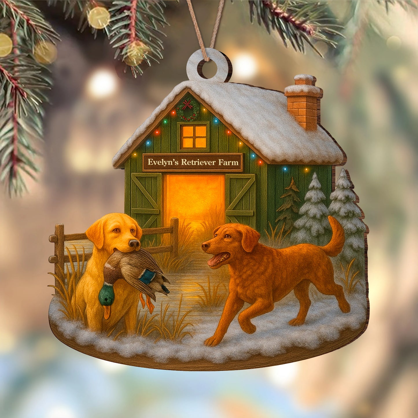 Personalized Duck Hunting Dog Wood Ornament - Custom Farm Name Christmas Gift