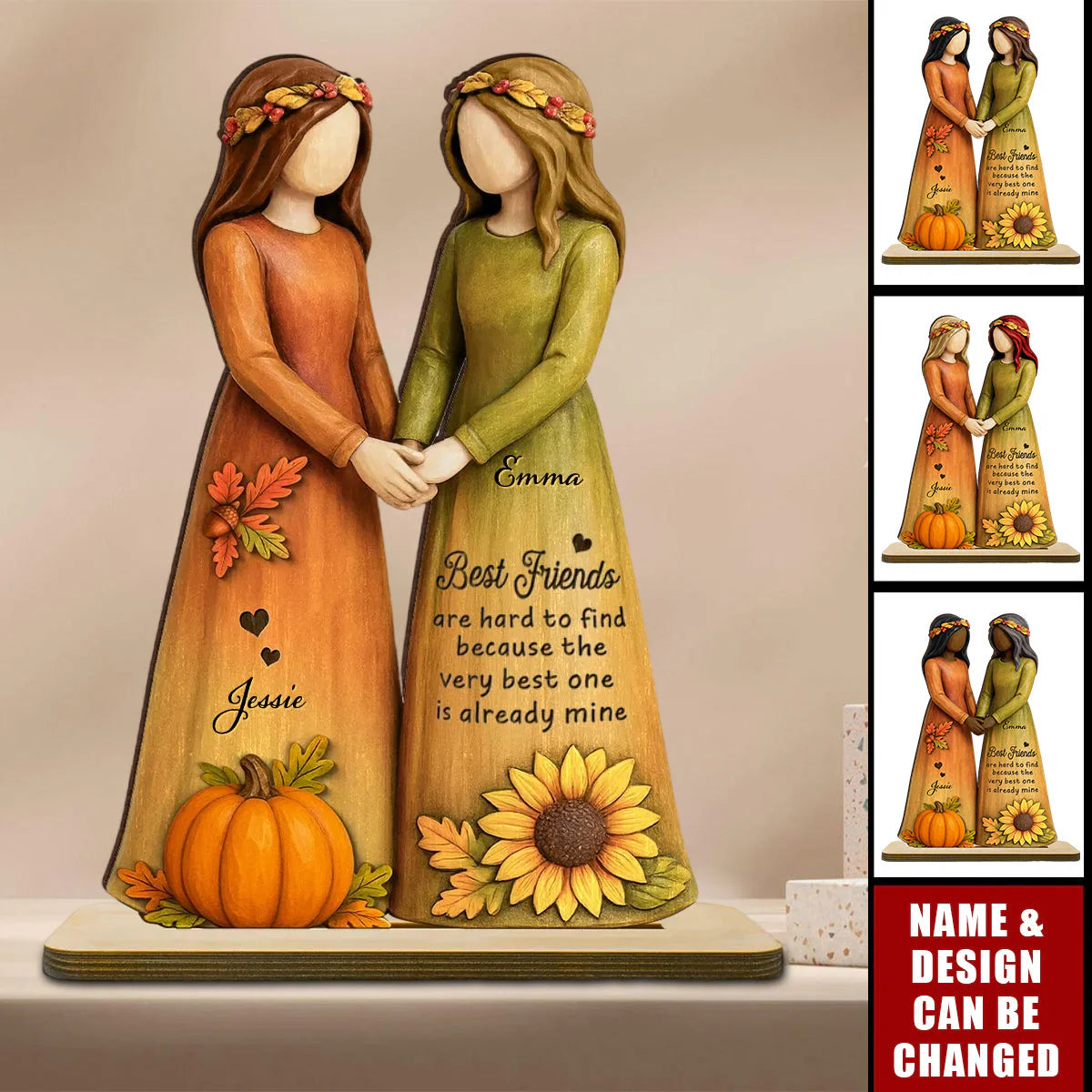 Personalized best friend wooden plaque with autumn pumpkin and sunflower design for sister birthday gift