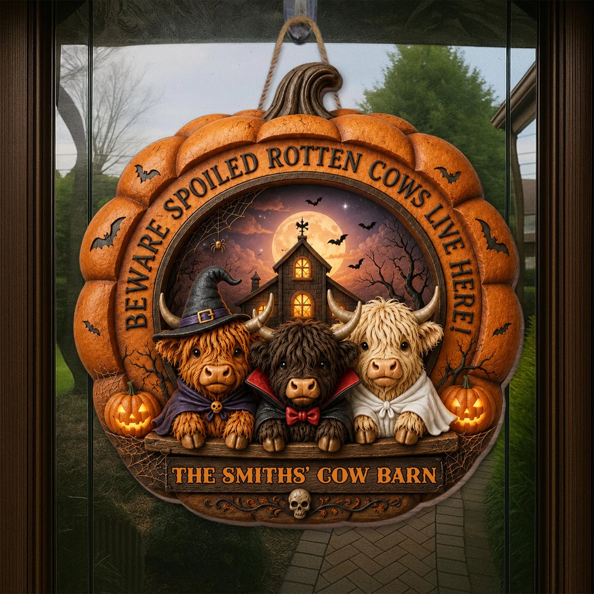 "Beware Spoiled Rotten Cows Live Here" - Personalized Highland Cow Farm Halloween Wood Sign