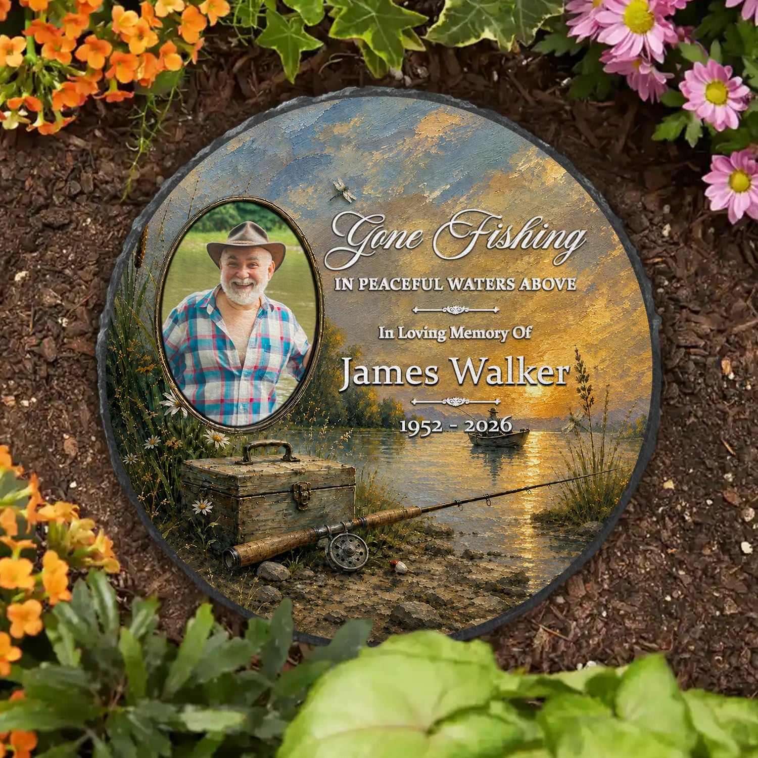 Gone Fishing In Peaceful Waters Above - Personalized Memorial Stone Keepsake for Dad